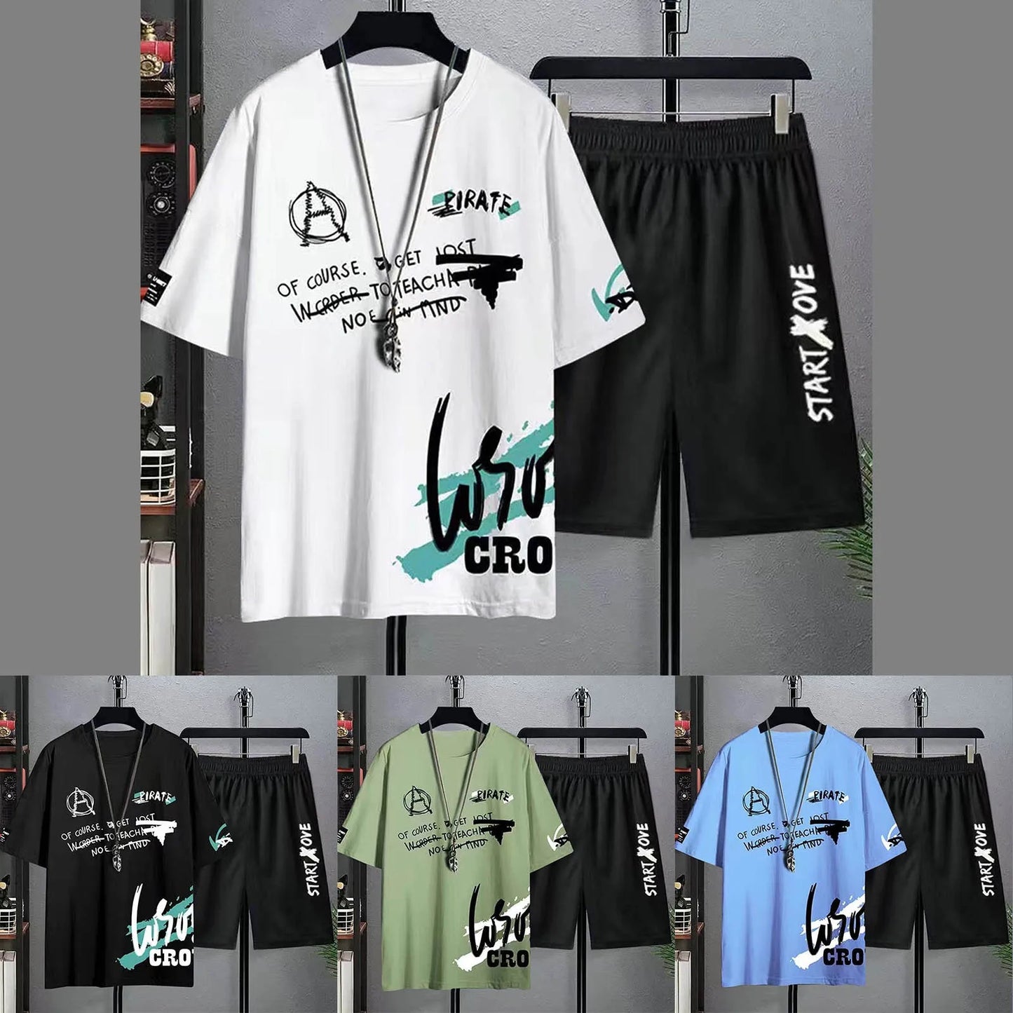 Casual Sportswear Mens Summer Two-Pieces Outfit Short Sleeve Round Neck Top And Shorts Two Piece Set Stylish Outfits Ropa Hombre