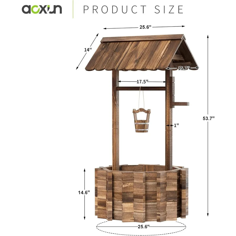 Aoxun Outdoor Wooden Wishing Well Planters with Hanging Bucket, Garden Helper, Rustic Garden Decor for Outside, Yard and Patio,