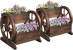 Aoxun Outdoor Wooden Wishing Well Planters with Hanging Bucket, Garden Helper, Rustic Garden Decor for Outside, Yard and Patio,