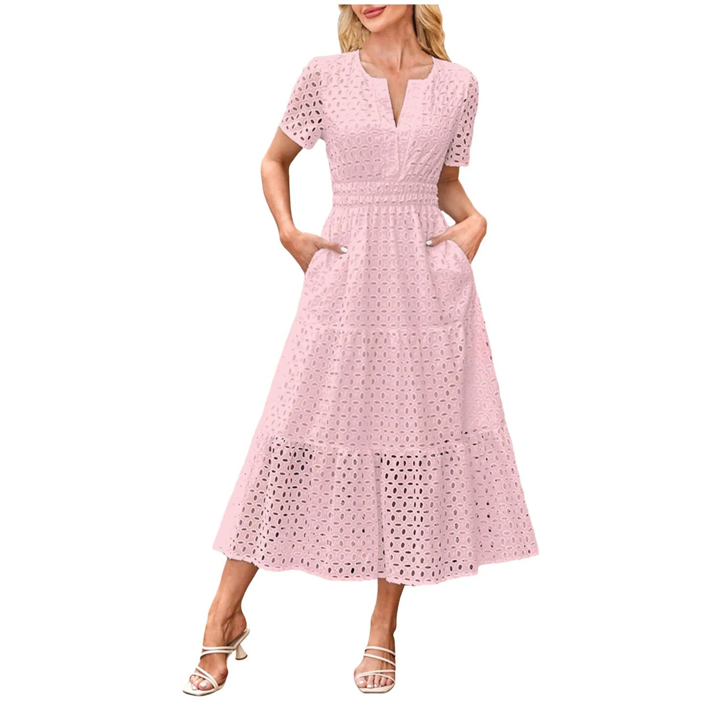 Women'S Summer Short Sleeved Long Dress Trendy V-Neck Hollow Eyelets Ruffle Hem A-Line Dress Pockets Female Temperament Dresses