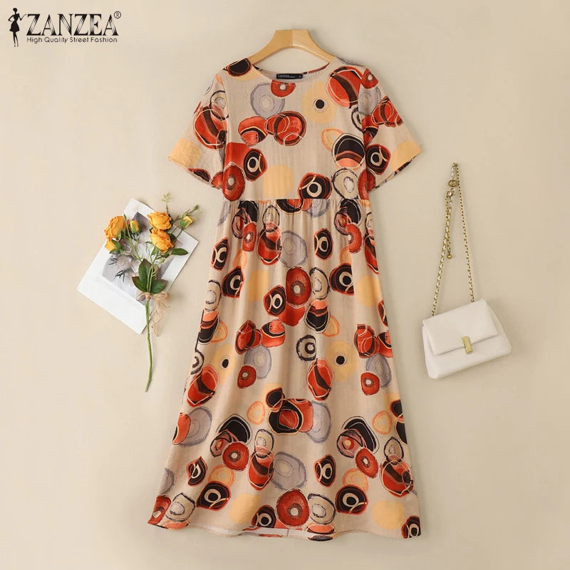 ZANZEA Short Sleeve Printing Maxi Dresses Casual Vacation Woman Bohemian A-line Robes Femme 2025 Summer Loose O-Neck Long Dress