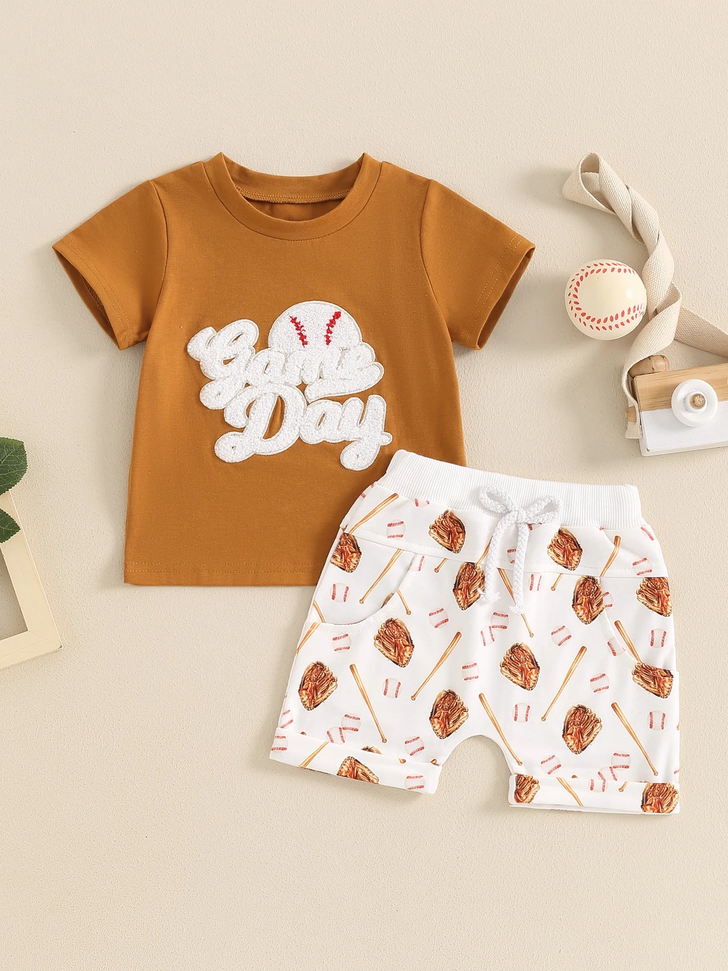 Toddler Boys 2-Piece Outfit Short Sleeve Tee with Fun Embroidery and Matching Baseball Print Shorts for a Stylish Summer Look