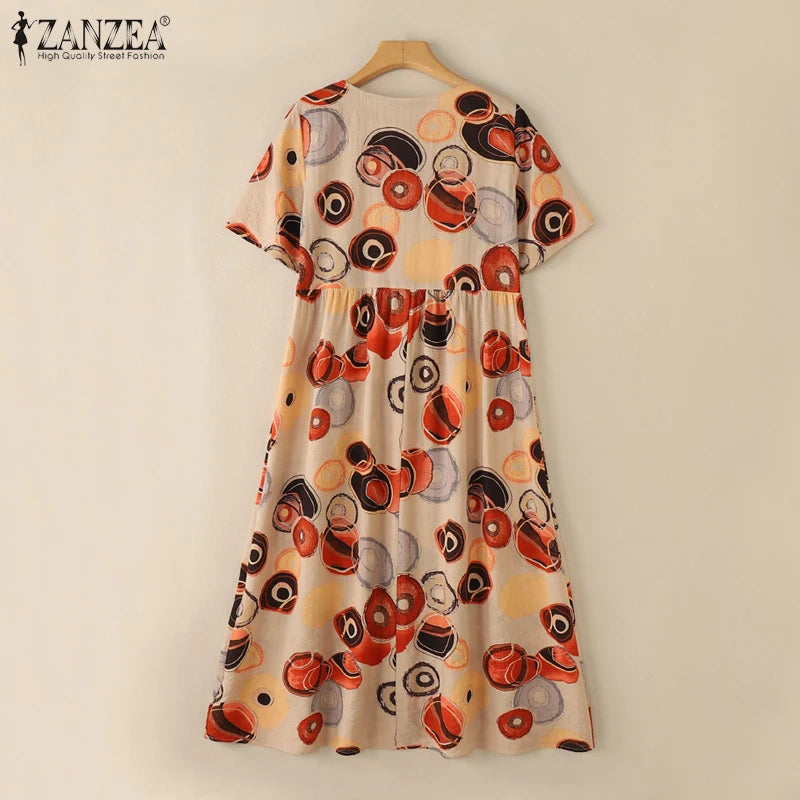 ZANZEA Short Sleeve Printing Maxi Dresses Casual Vacation Woman Bohemian A-line Robes Femme 2025 Summer Loose O-Neck Long Dress