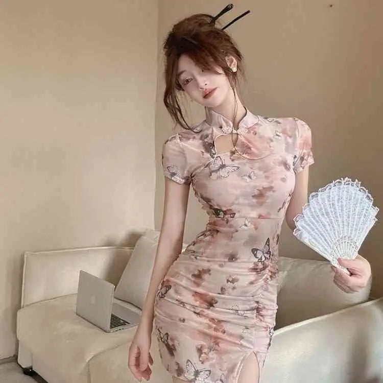 2025 Summer Women's Chinese-style Young Fashion Daily Slim-fit Lotus Leaf Edge Elegant Short-sleeved Cheongsam Dress
