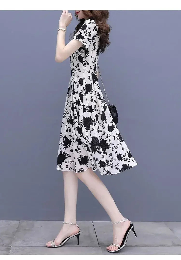 Breathable Chiffon Floral Print Dress V Neck Slim Fit With Ruffles