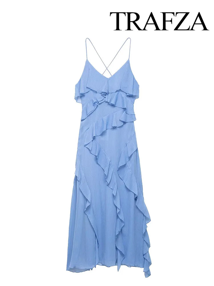TRAFZA Woman Elegant Chic Zipper Beach Party Dress Summer Women Sexy V-Neck Sleeveless Backless Wrinkles Decorate Midi Dress