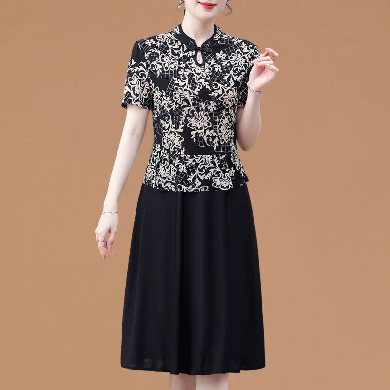 Mom's Summer New Style Cheongsam Elegant and Slimming Middle-aged Women's Wear Fake Two-piece Dress