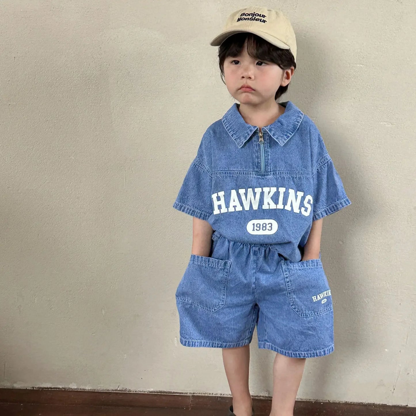5816C Children's Clothing Set Denim Suit Summer Casual Boy's Denim Suit Letter Print Top+ Shorts Casual Two-piece Suit