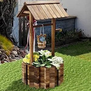 Aoxun Outdoor Wooden Wishing Well Planters with Hanging Bucket, Garden Helper, Rustic Garden Decor for Outside, Yard and Patio,