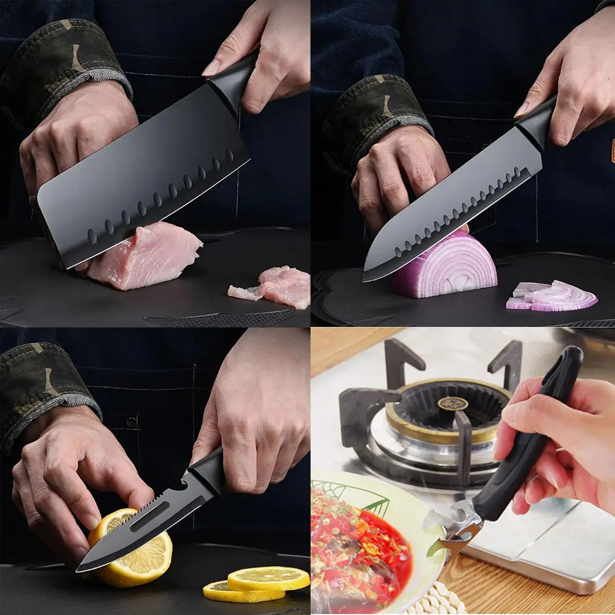 5/7-Piece Black Kitchen Knife Set - Professional Chef Knife, Fruit Knife, Meat Cleaver, Cutting Board, Heart-Shaped Egg Mold