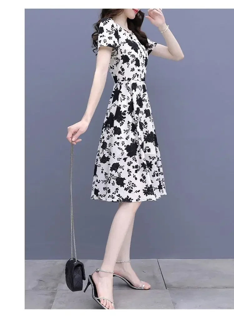 Breathable Chiffon Floral Print Dress V Neck Slim Fit With Ruffles