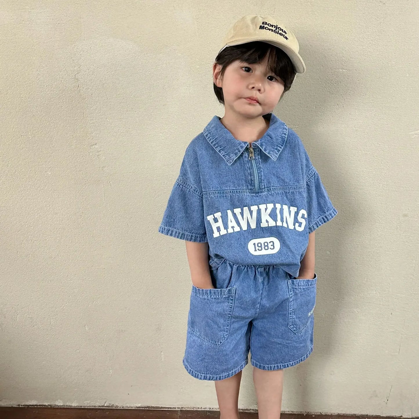 5816C Children's Clothing Set Denim Suit Summer Casual Boy's Denim Suit Letter Print Top+ Shorts Casual Two-piece Suit