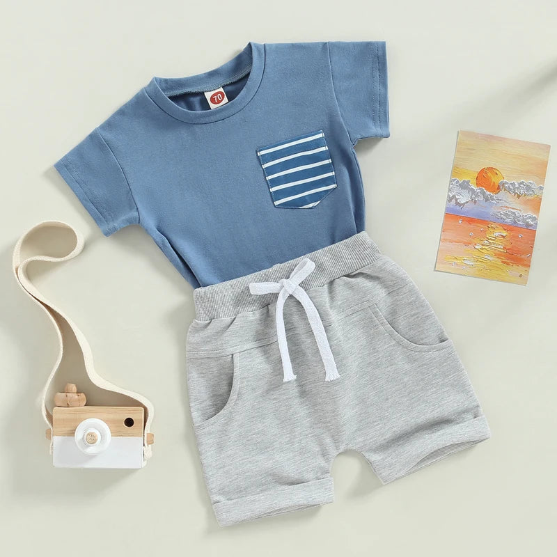 2023-01-10 Lioraitiin 0-3Years Baby Boys 2Pcs Shorts Set Short Sleeve Crew Neck Stripes T-shirt with Elastic Waist Shorts