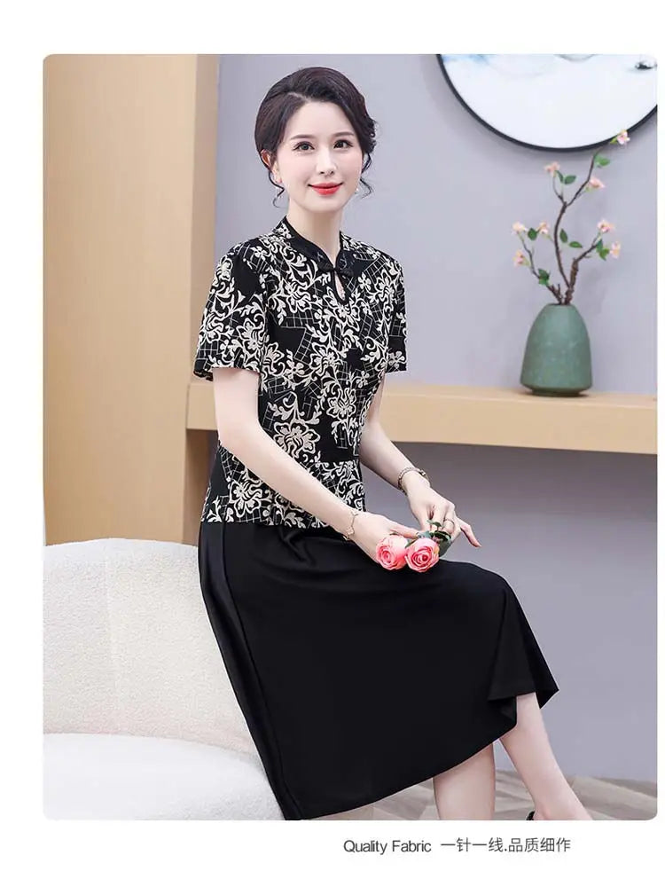 Mom's Summer New Style Cheongsam Elegant and Slimming Middle-aged Women's Wear Fake Two-piece Dress