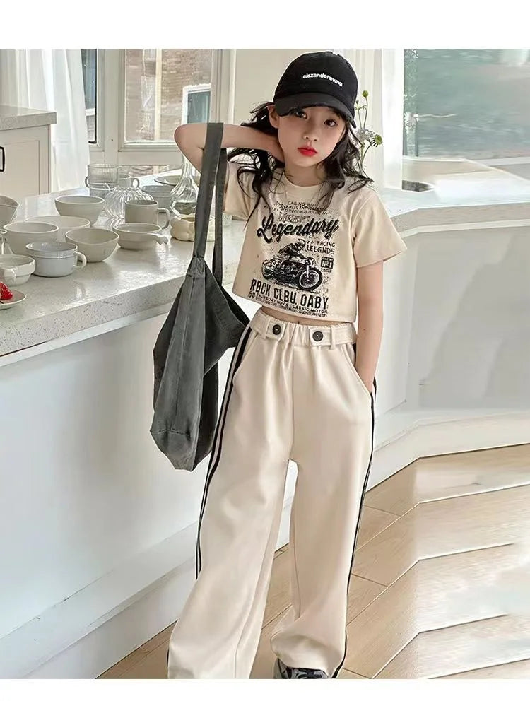 Girls' summer casual suit, new children's fashionable T-shirt, casual pants, summer dress, foreign short-sleeved two-piece set,