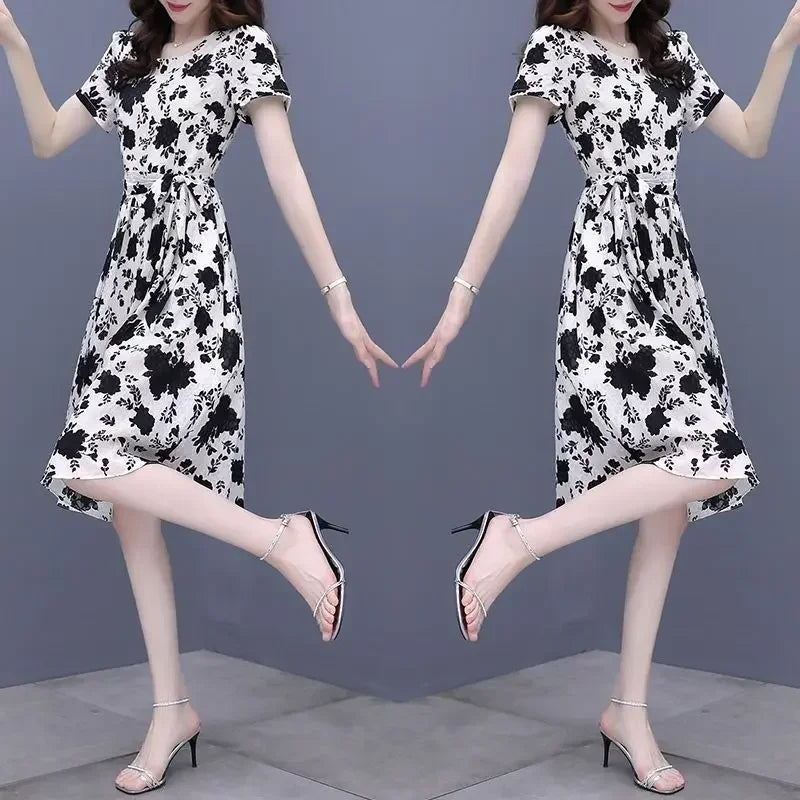 Breathable Chiffon Floral Print Dress V Neck Slim Fit With Ruffles
