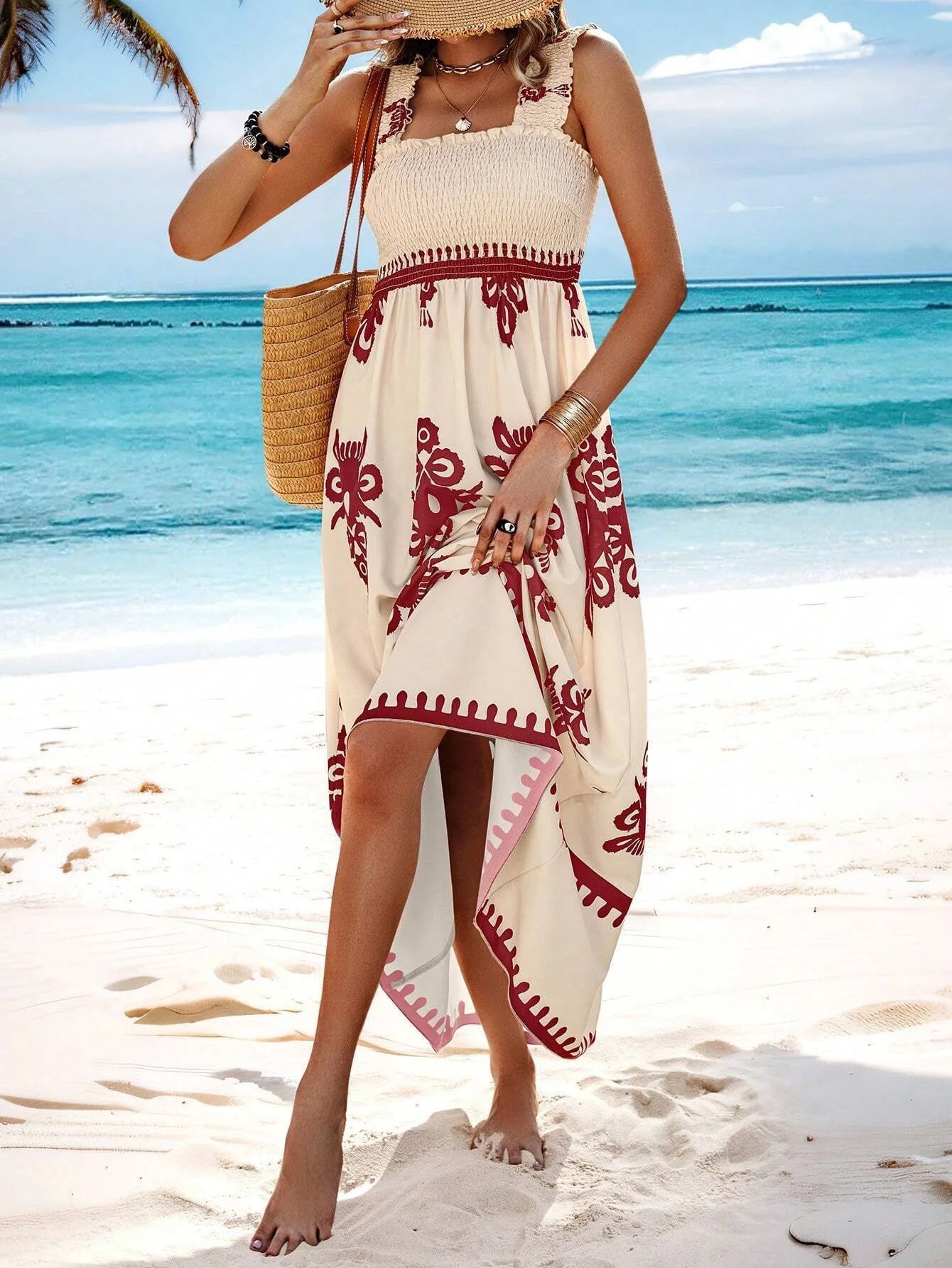VEITCHE Summer Vacation Style Women Dress Fashionable Printed Sexy Sleeveless Strap Casual Comfortable Beach Long Sundress