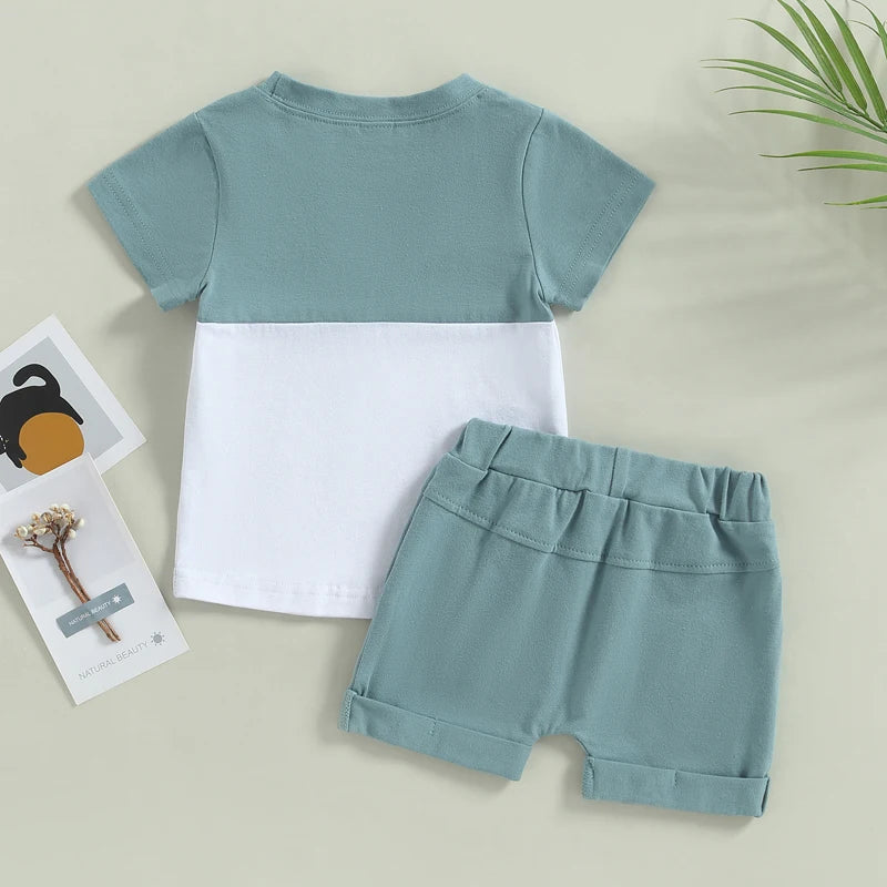 2023-02-01 Lioraitiin 0-3Years Toddler Boys 2Pcs Summer Outfit Sets Short Sleeve Contrast Color Tops Solid Drawstring Shorts