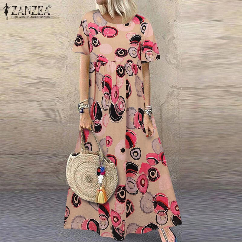 ZANZEA Short Sleeve Printing Maxi Dresses Casual Vacation Woman Bohemian A-line Robes Femme 2025 Summer Loose O-Neck Long Dress