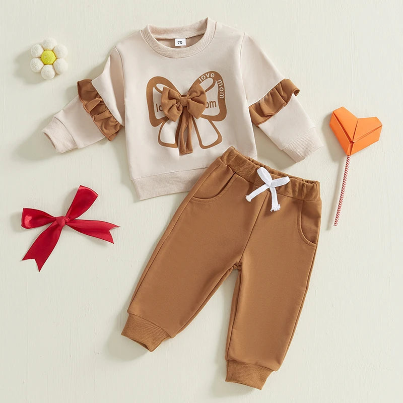 Baby Girls 2-Piece Outfit Long Sleeve Crew Neck Bow Sweatshirt with Elastic Waist Sweatpants Cotton Polyester Blend for Fall 0-3T