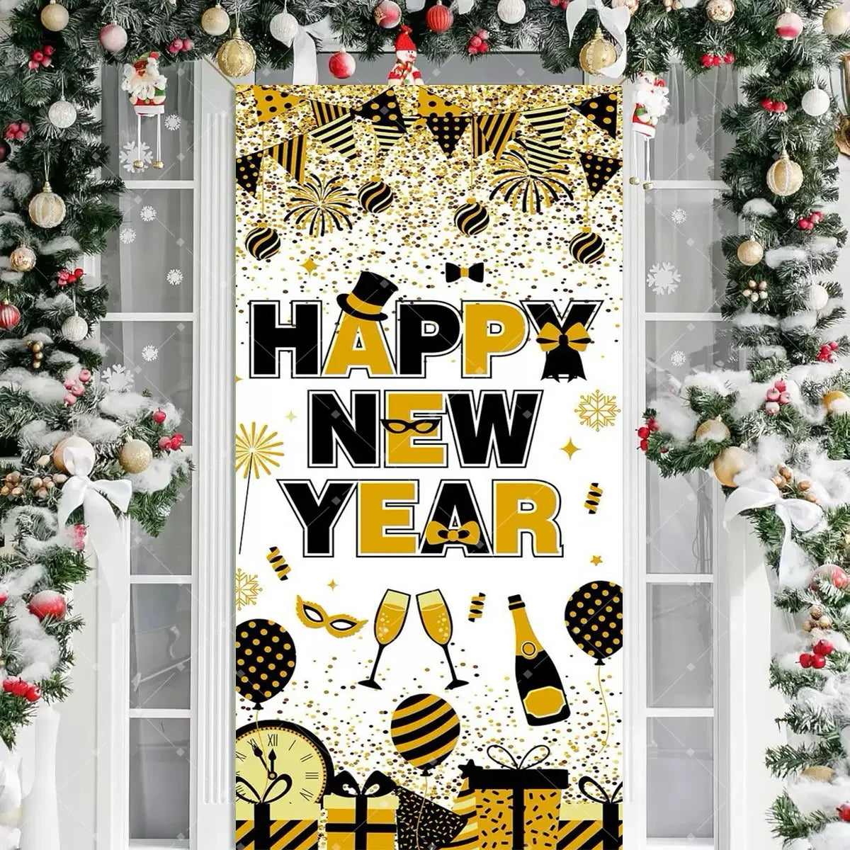 Black Gold 2026 Happy New Year Theme Party Door Decor Backdrop New Year Clock Gift Champagne Party Cake Table Porch Decor Banner