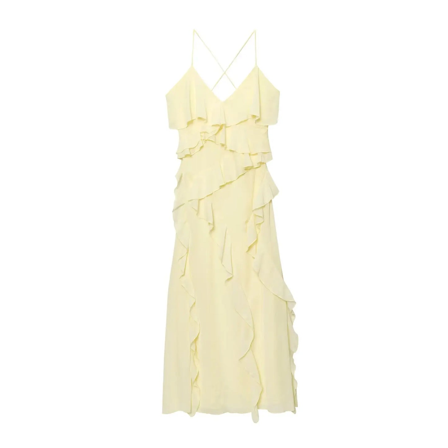 TRAFZA Woman Elegant Chic Zipper Beach Party Dress Summer Women Sexy V-Neck Sleeveless Backless Wrinkles Decorate Midi Dress