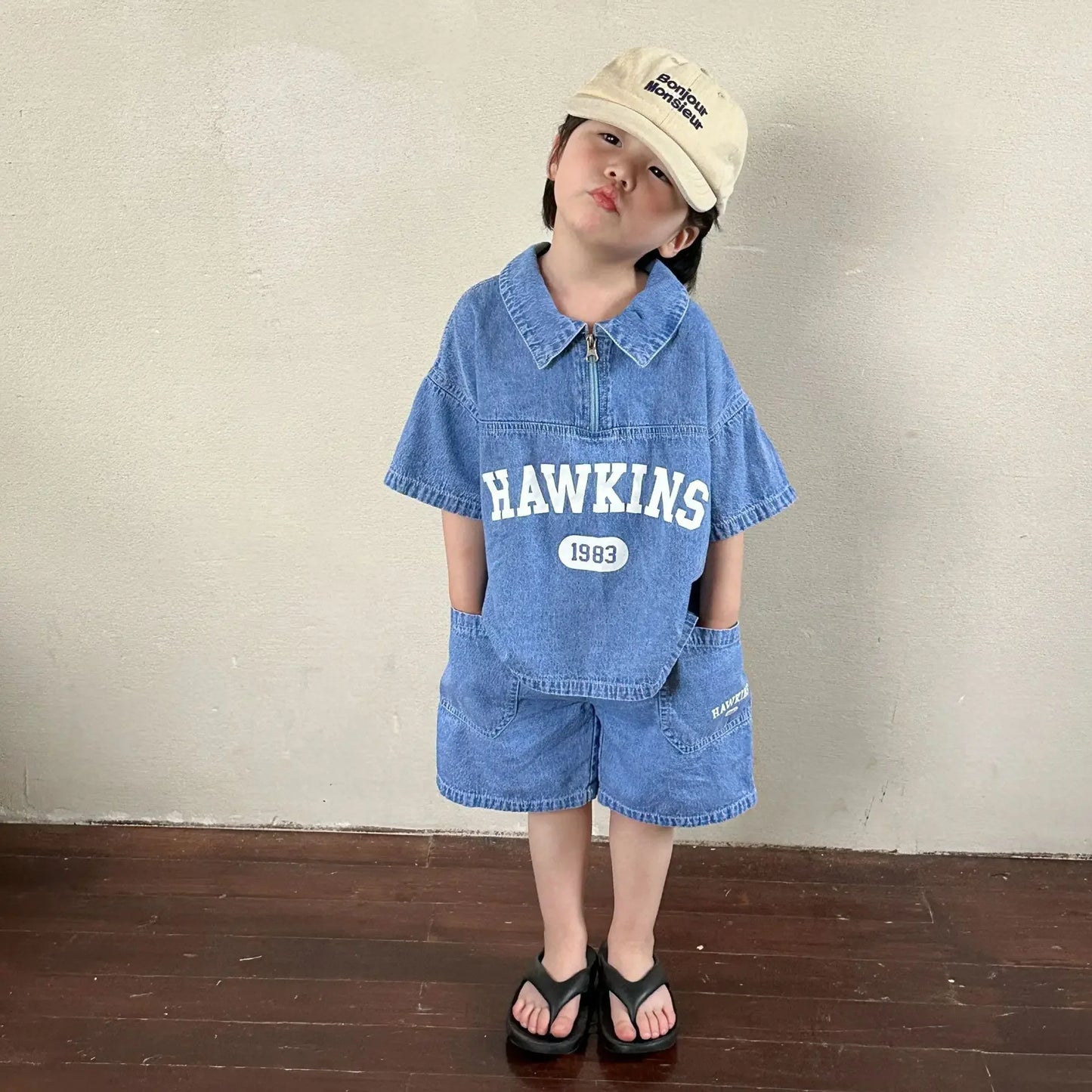 5816C Children's Clothing Set Denim Suit Summer Casual Boy's Denim Suit Letter Print Top+ Shorts Casual Two-piece Suit