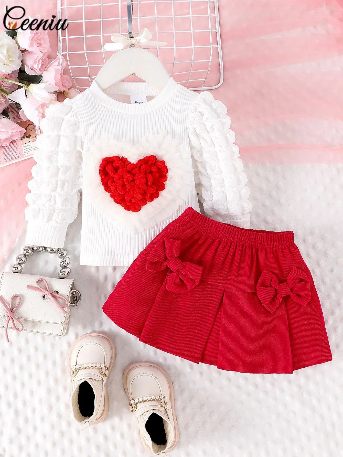 Baby Girl Outfit 0-3Y Pink Heart & Rose 3pcs Set High Neck Top Bow Skirt Hat Toddler Clothing Ensemble for Girls