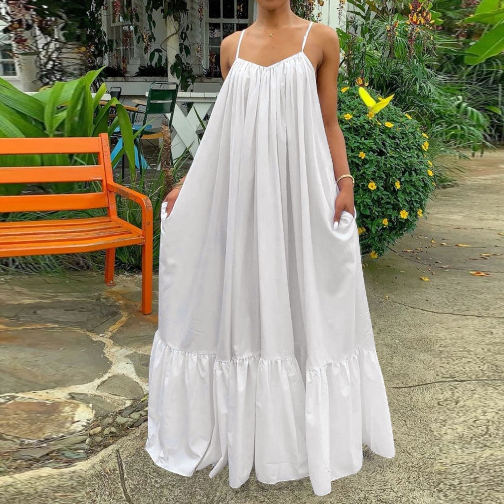 Spring Dress For Women Sexy Solid Strap Dress Pocket Loose Backless Big Swing Dresses Holiday Dresses For Women Wedding Guest