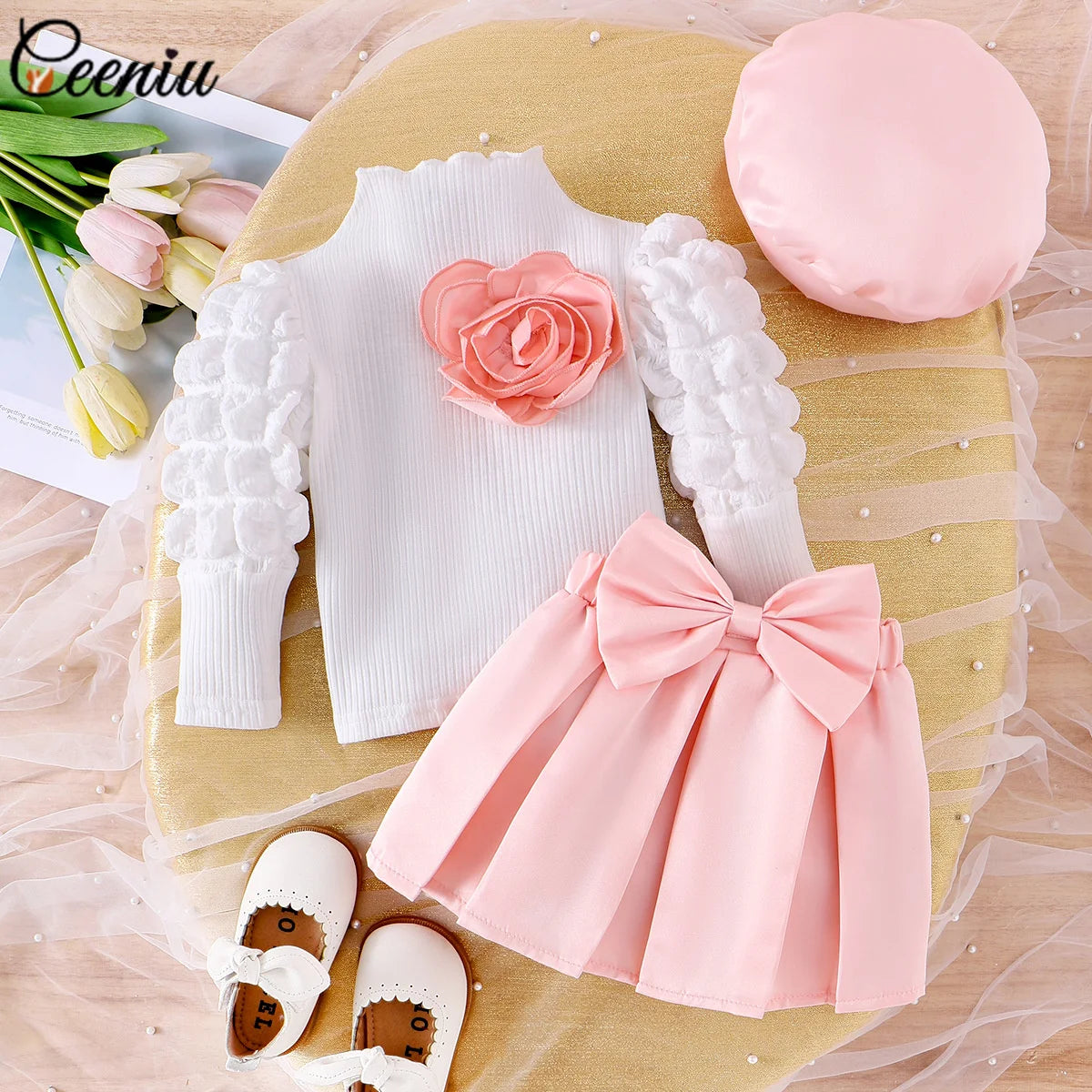 Baby Girl Outfit 0-3Y Pink Heart & Rose 3pcs Set High Neck Top Bow Skirt Hat Toddler Clothing Ensemble for Girls