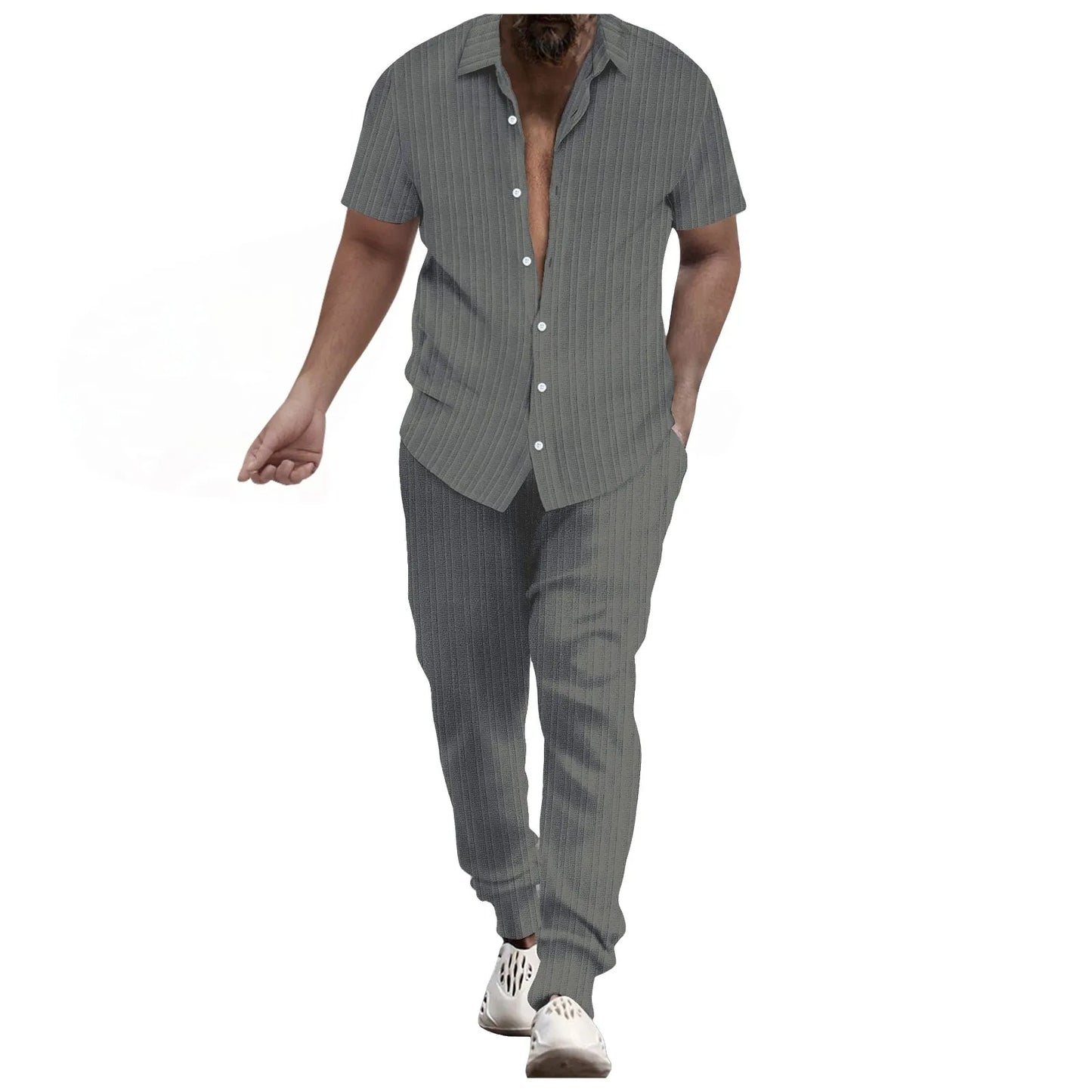 Mens Shirt Casual Short Sleeve Cardigan Blouse Top Pants Beach Suit Summer Two Piece Set Fashion Clothing For Man Ropa Hombre