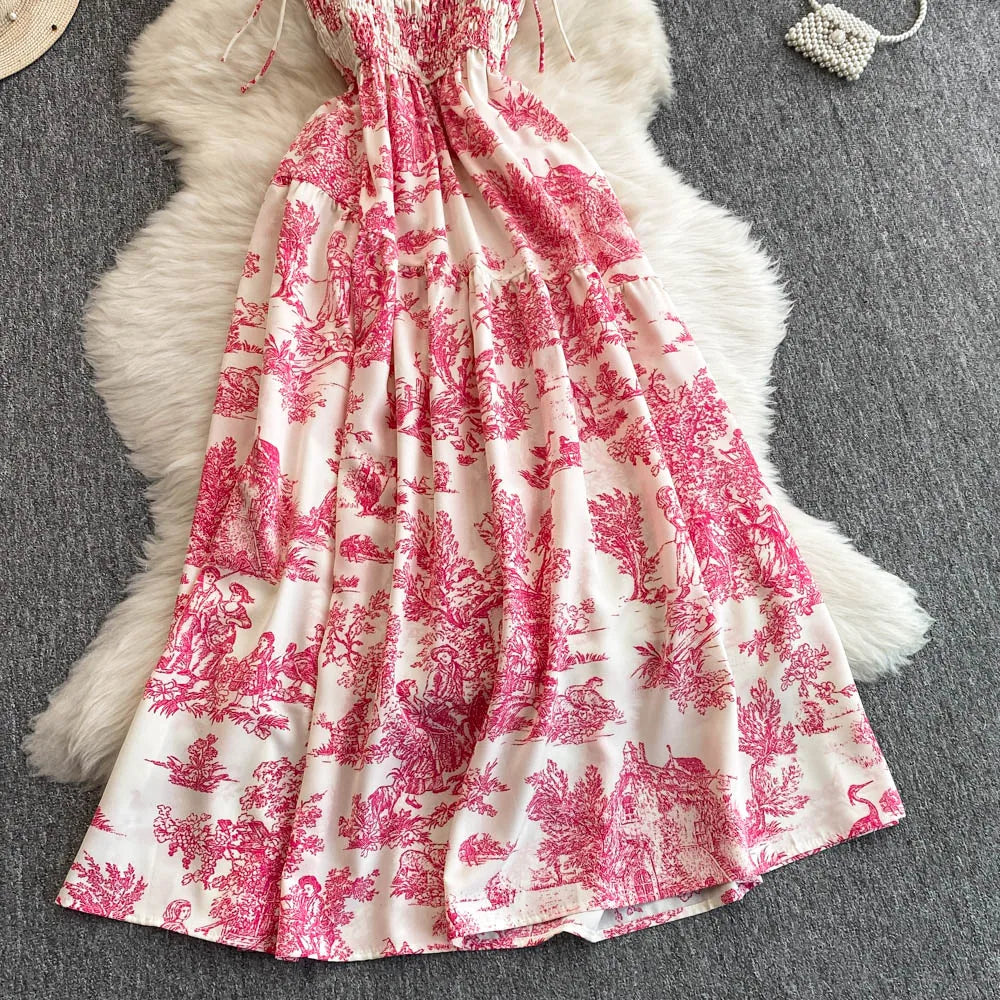 2025 New Summer Pink/Purple Flower Print Romantic Retro Party Dress Elastic High Waist Vacation Long Dress Beach Vestido