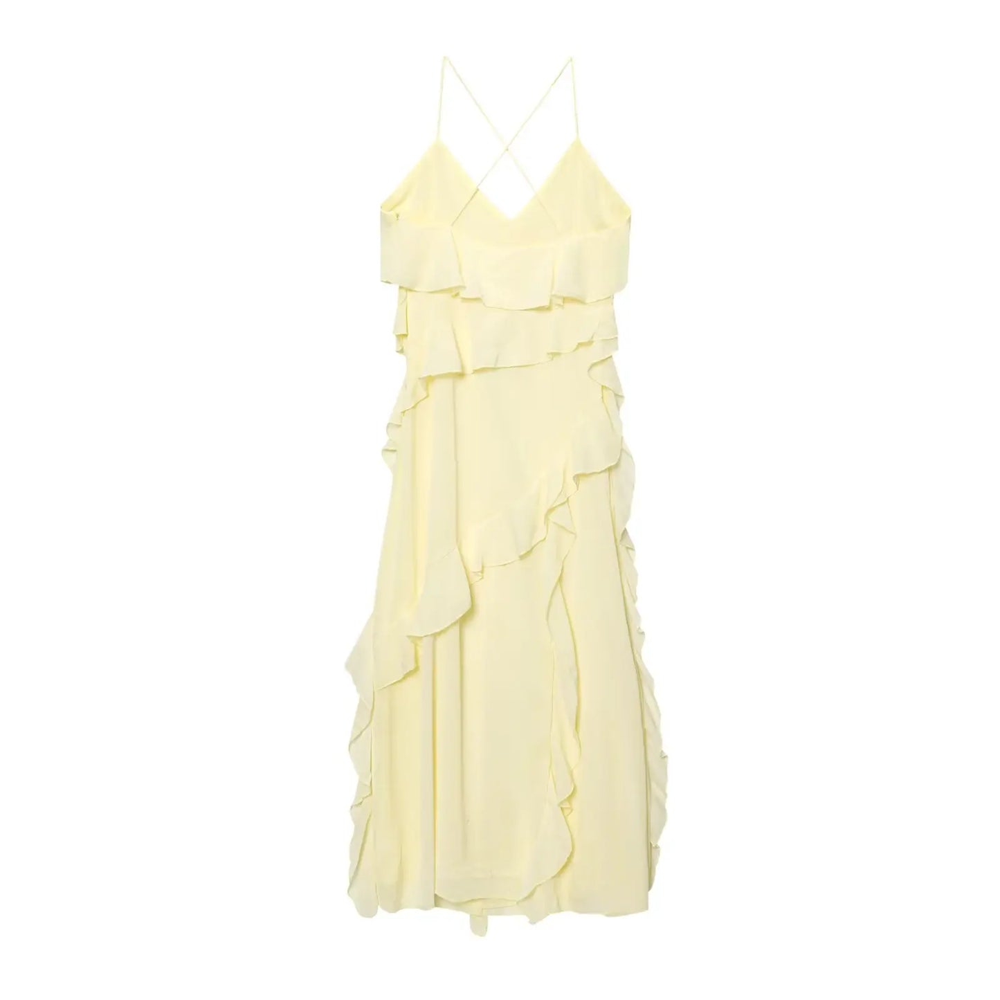 TRAFZA Woman Elegant Chic Zipper Beach Party Dress Summer Women Sexy V-Neck Sleeveless Backless Wrinkles Decorate Midi Dress