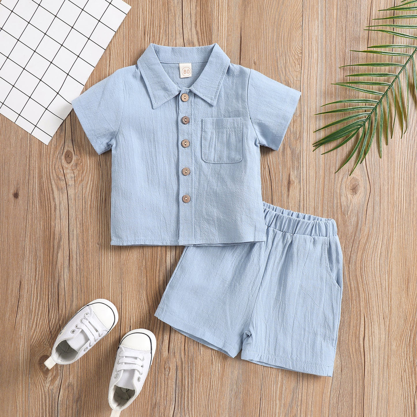 2022-03-09 Lioraitiin 0-4Years Toddler Baby Girl Boy Summer Clothing Set Short Sleeve Solid Turn-Down Collar Shirt Shorts