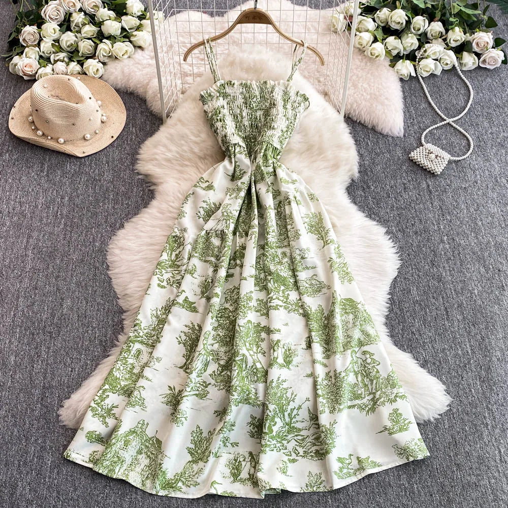 2025 New Summer Pink/Purple Flower Print Romantic Retro Party Dress Elastic High Waist Vacation Long Dress Beach Vestido