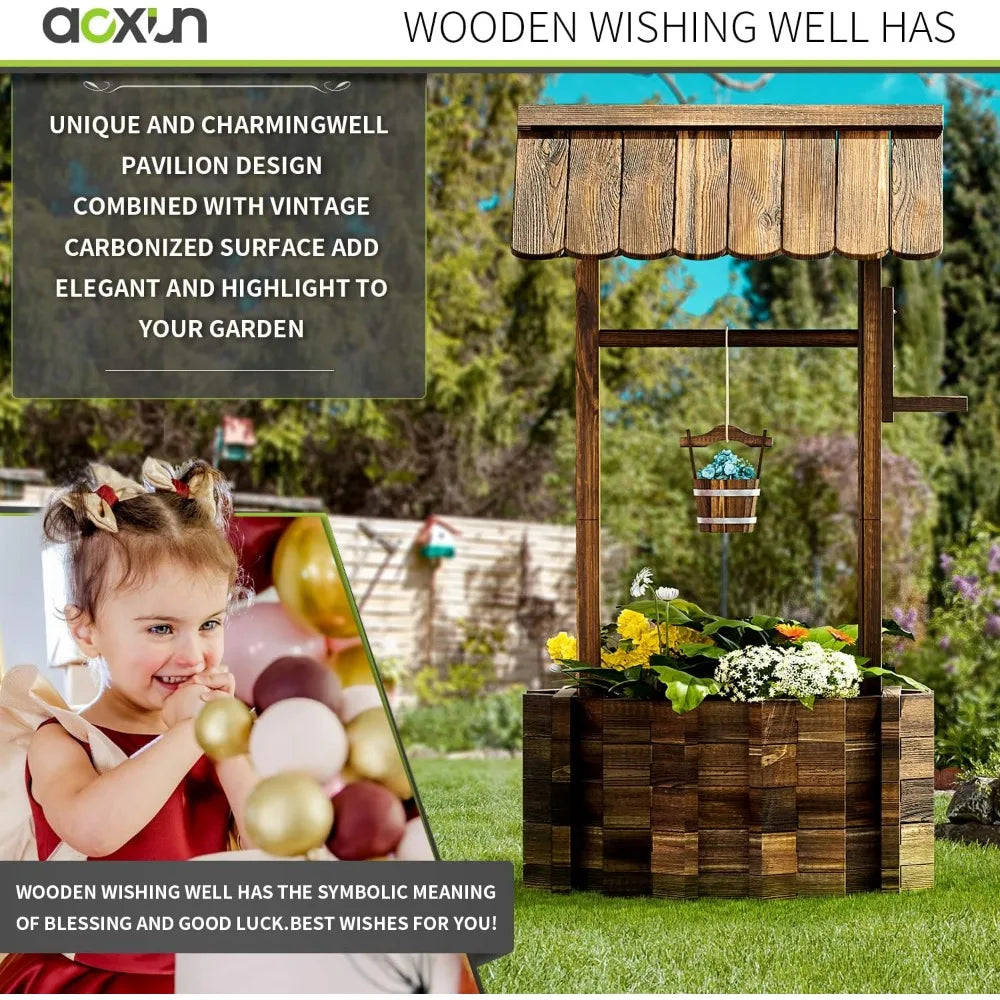 Aoxun Outdoor Wooden Wishing Well Planters with Hanging Bucket, Garden Helper, Rustic Garden Decor for Outside, Yard and Patio,