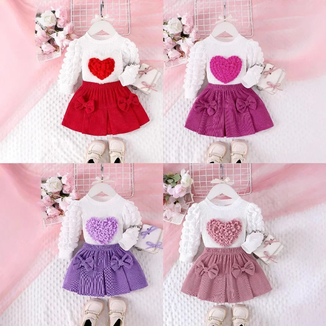 Baby Girl Outfit 0-3Y Pink Heart & Rose 3pcs Set High Neck Top Bow Skirt Hat Toddler Clothing Ensemble for Girls