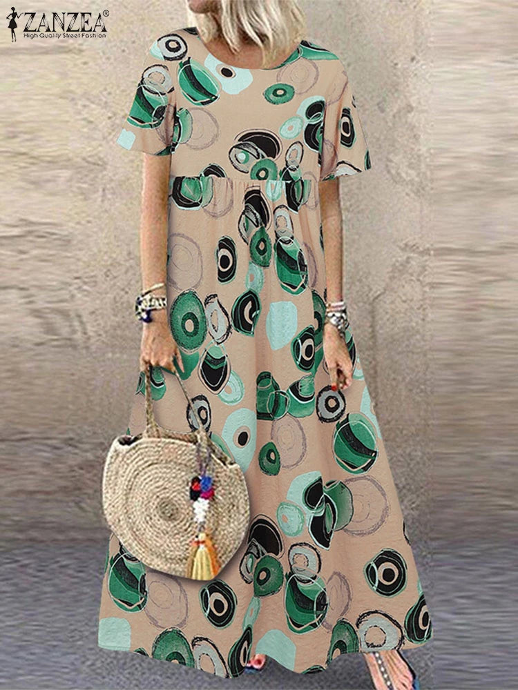 ZANZEA Short Sleeve Printing Maxi Dresses Casual Vacation Woman Bohemian A-line Robes Femme 2025 Summer Loose O-Neck Long Dress
