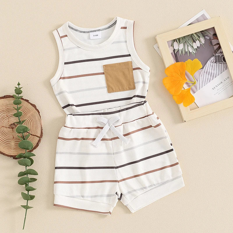 2024-03-13 lioraitiin Toddler Baby Boy Ribbed Outfits Striped Sleeveless Round Neck Tank Tops + Elastic Waist Shorts Summer Set
