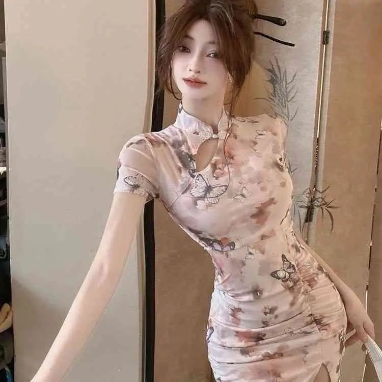 2025 Summer Women's Chinese-style Young Fashion Daily Slim-fit Lotus Leaf Edge Elegant Short-sleeved Cheongsam Dress
