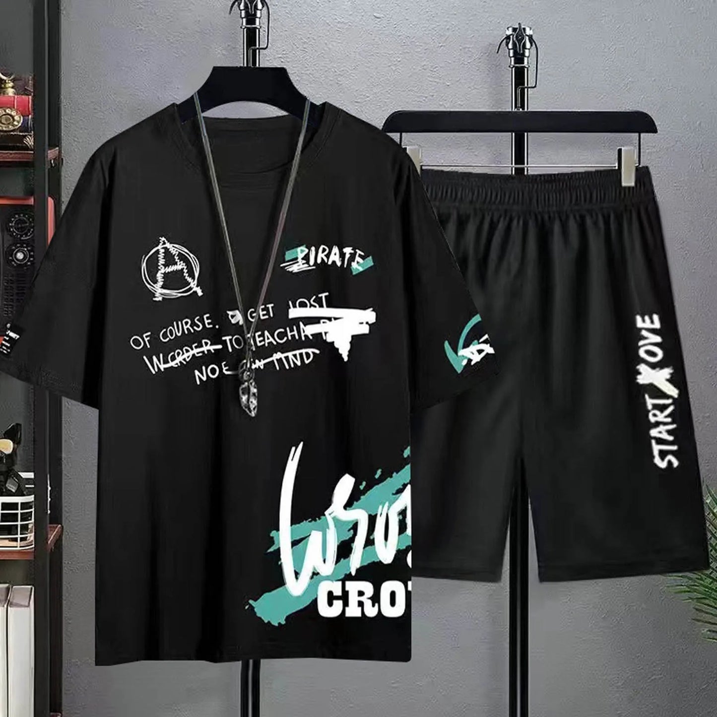 Casual Sportswear Mens Summer Two-Pieces Outfit Short Sleeve Round Neck Top And Shorts Two Piece Set Stylish Outfits Ropa Hombre