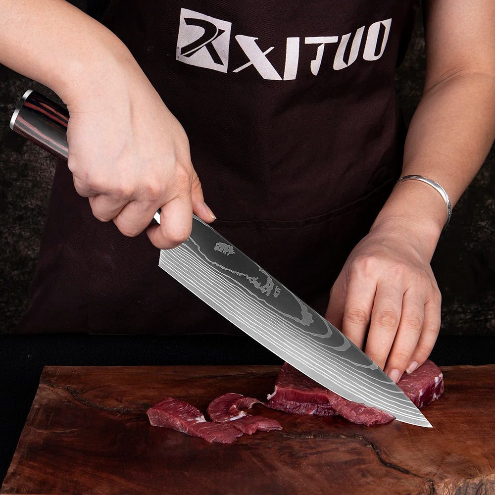 High quality 440C German Steel Kitchen Knife Damascus Laser Pattern Chef Knife Cleaver Filleting Santoku Knife Best Kitchen Tool
