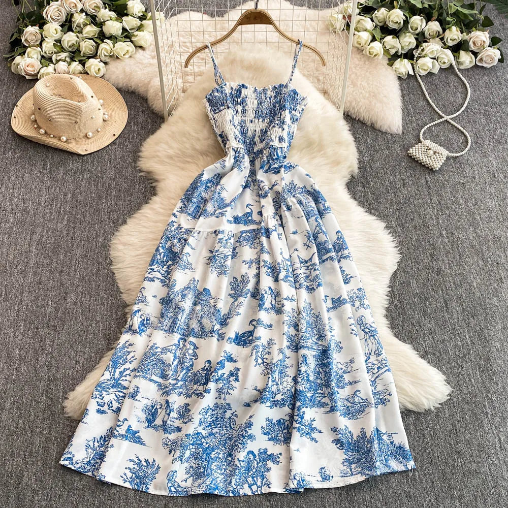 2025 New Summer Pink/Purple Flower Print Romantic Retro Party Dress Elastic High Waist Vacation Long Dress Beach Vestido