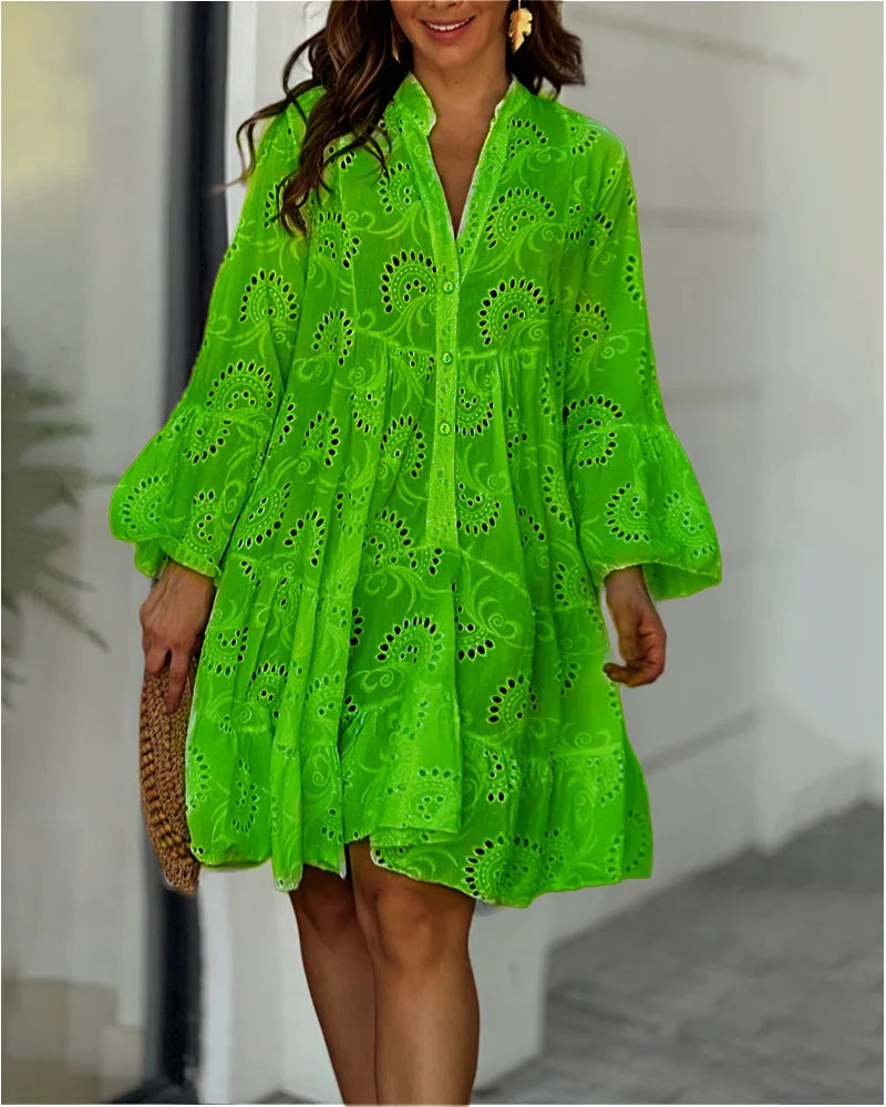 Summer Elegant Vintage Solid Lace Dress V-neck Loose Hollow Out Pattern Embroidery Vestidos Women Beach Sexy Mini White Dresses