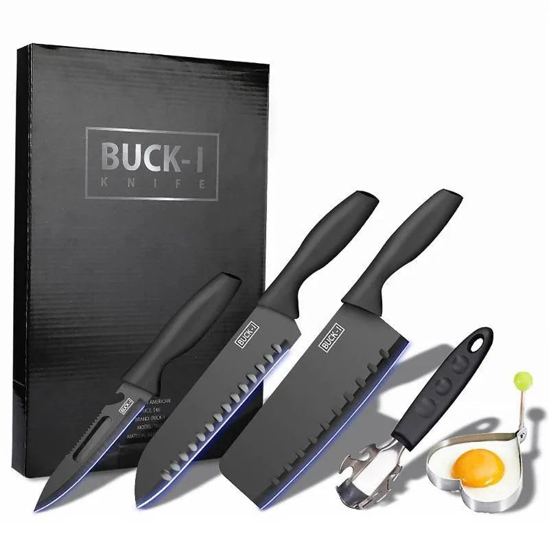 5/7-Piece Black Kitchen Knife Set - Professional Chef Knife, Fruit Knife, Meat Cleaver, Cutting Board, Heart-Shaped Egg Mold