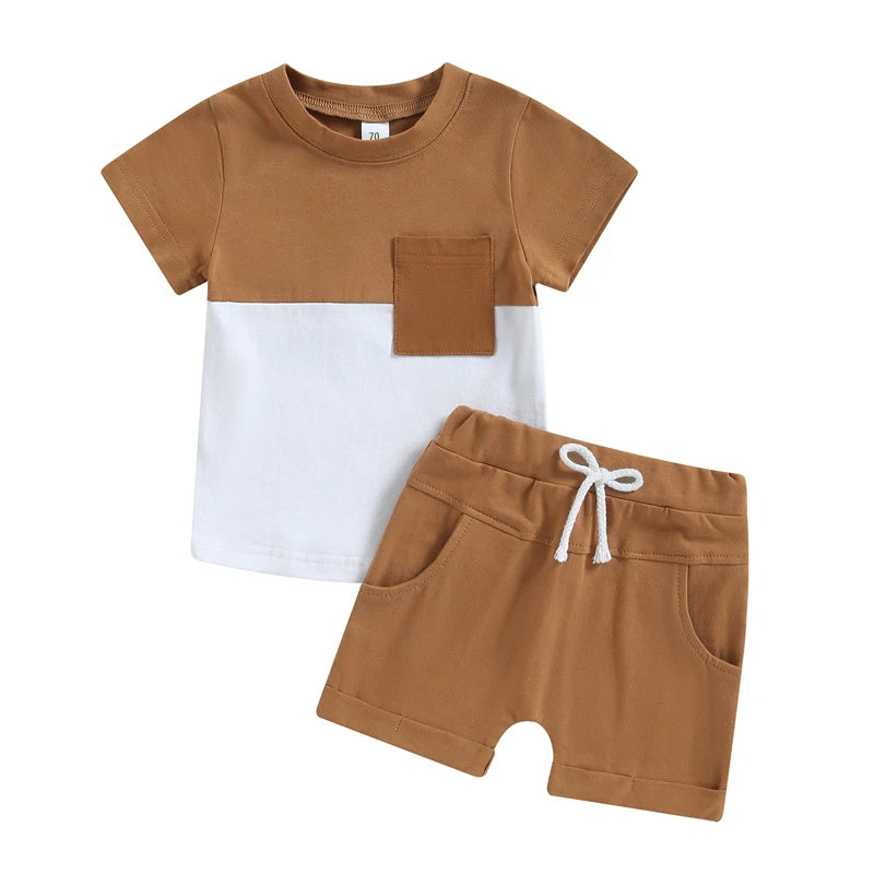 2023-02-01 Lioraitiin 0-3Years Toddler Boys 2Pcs Summer Outfit Sets Short Sleeve Contrast Color Tops Solid Drawstring Shorts
