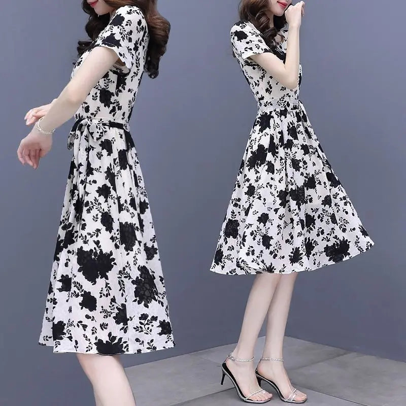 Breathable Chiffon Floral Print Dress V Neck Slim Fit With Ruffles