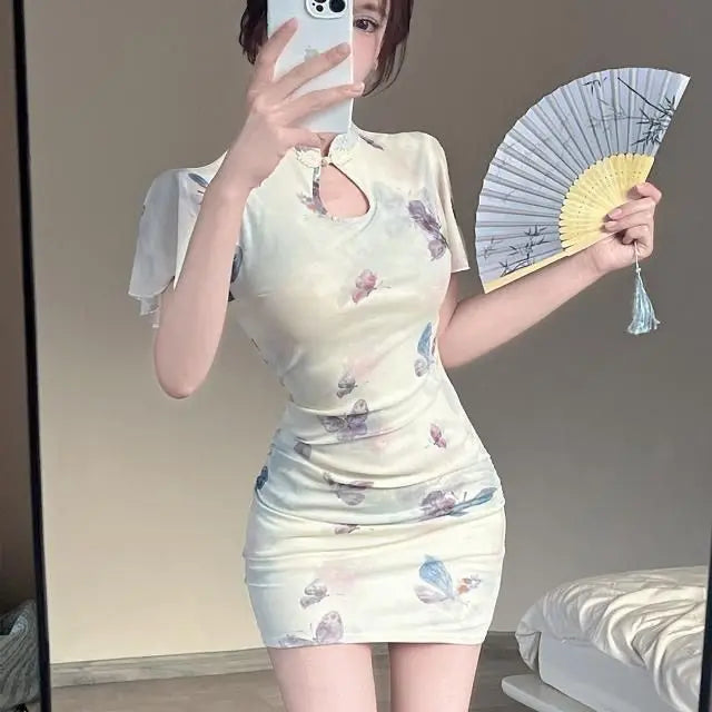 2025 Summer Women's Chinese-style Young Fashion Daily Slim-fit Lotus Leaf Edge Elegant Short-sleeved Cheongsam Dress