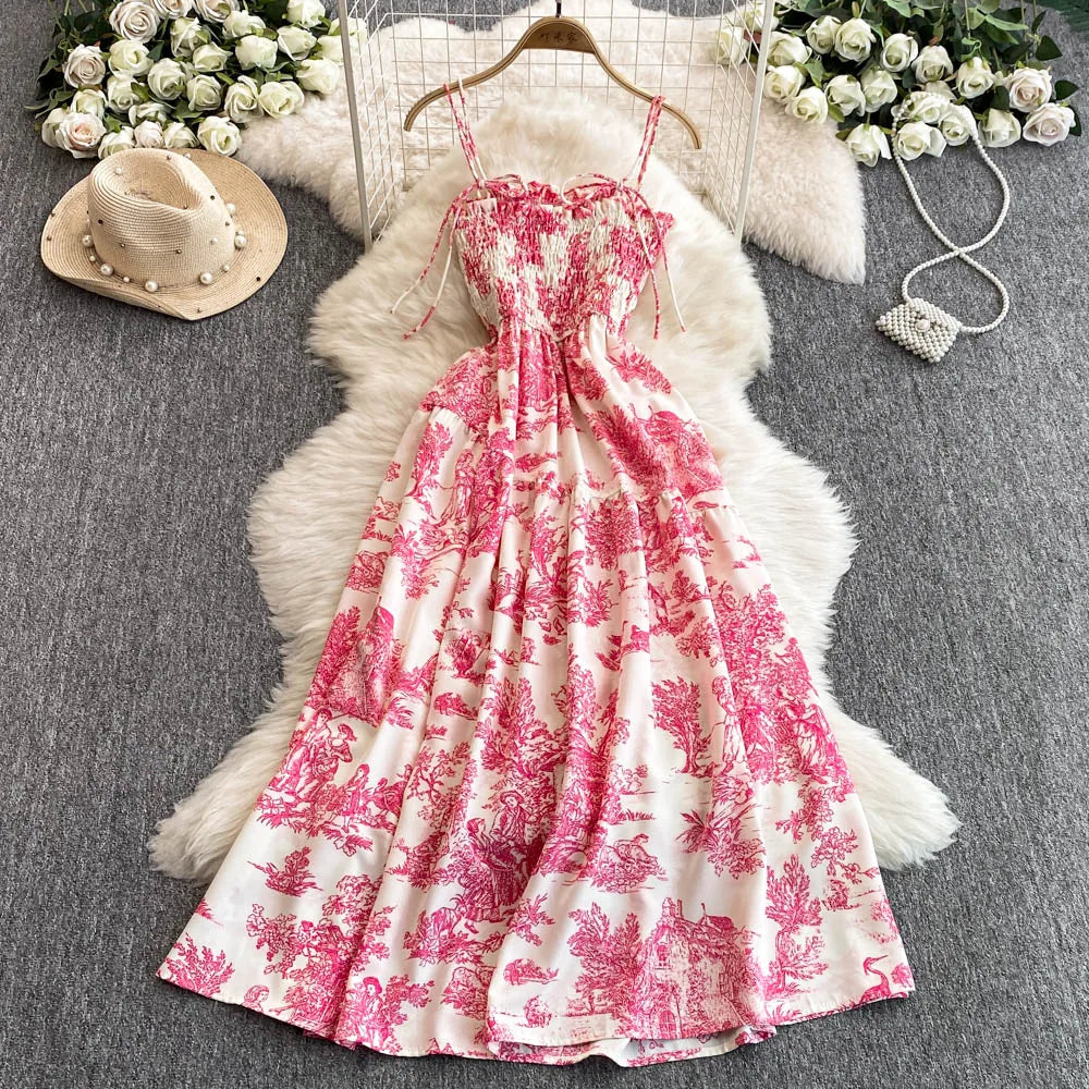 2025 New Summer Pink/Purple Flower Print Romantic Retro Party Dress Elastic High Waist Vacation Long Dress Beach Vestido