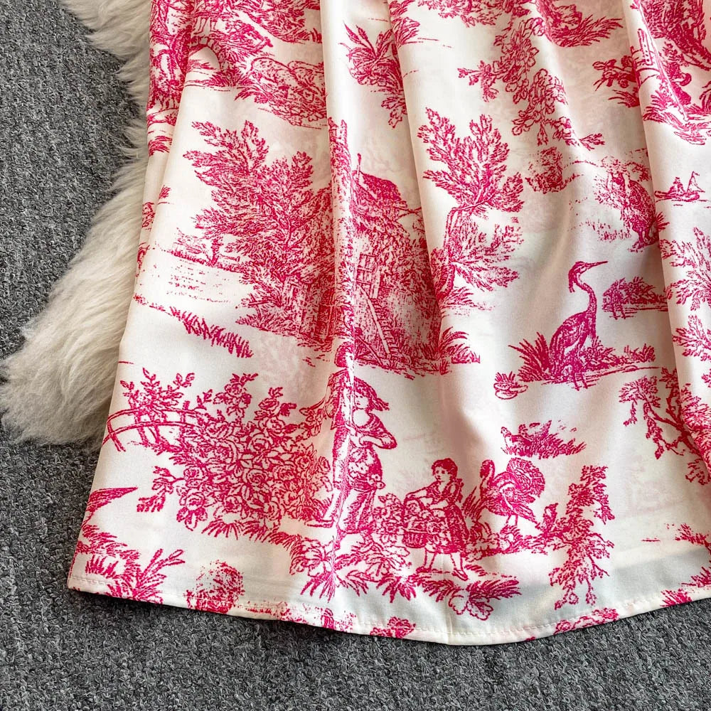 2025 New Summer Pink/Purple Flower Print Romantic Retro Party Dress Elastic High Waist Vacation Long Dress Beach Vestido